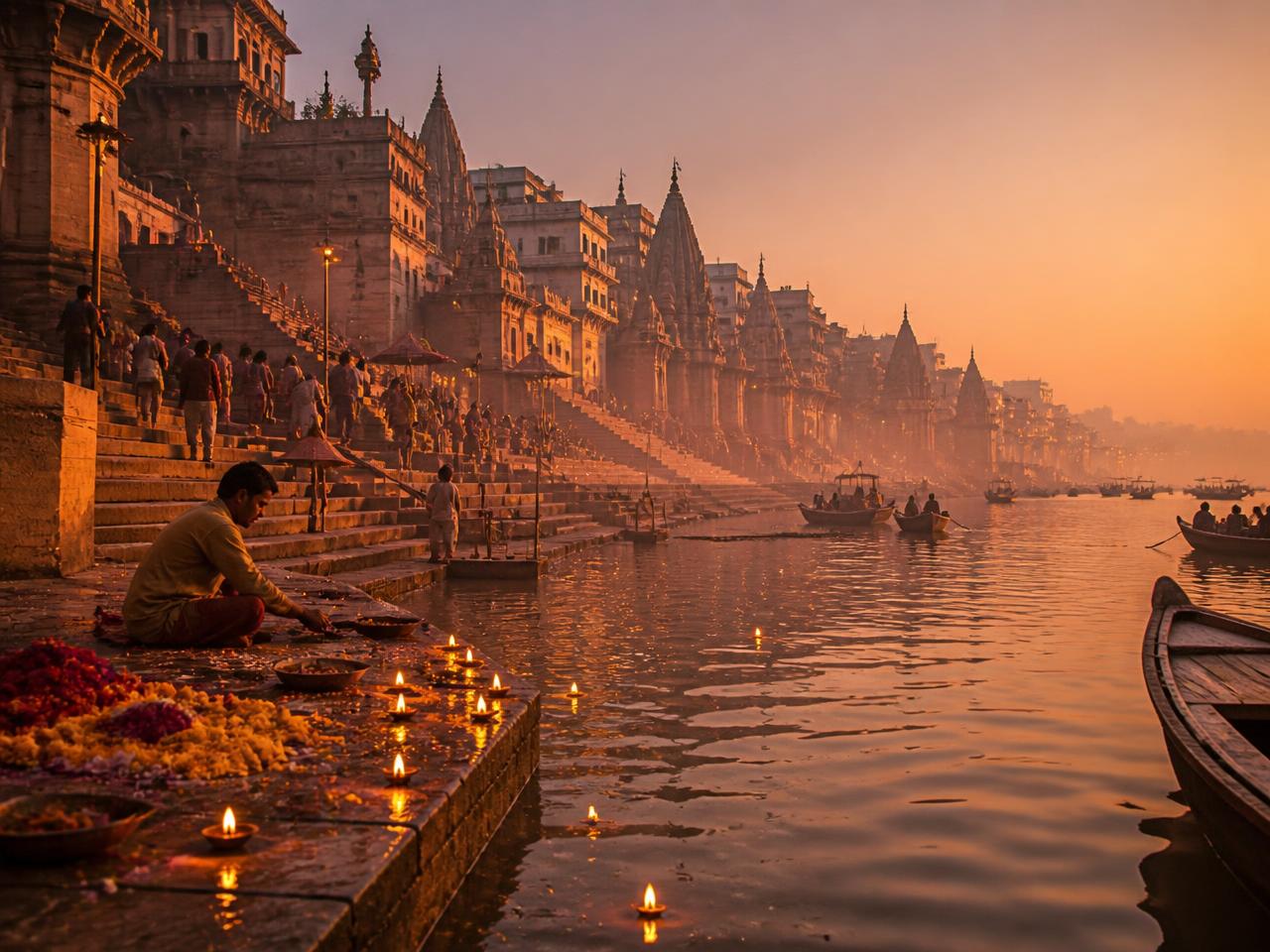Ganga aarti lamps glowing on the ghats of Banaras