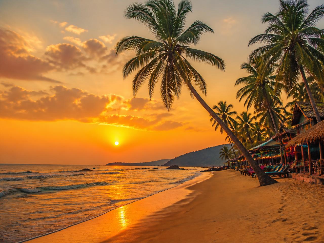 Palm-lined beach at sunset in Goa