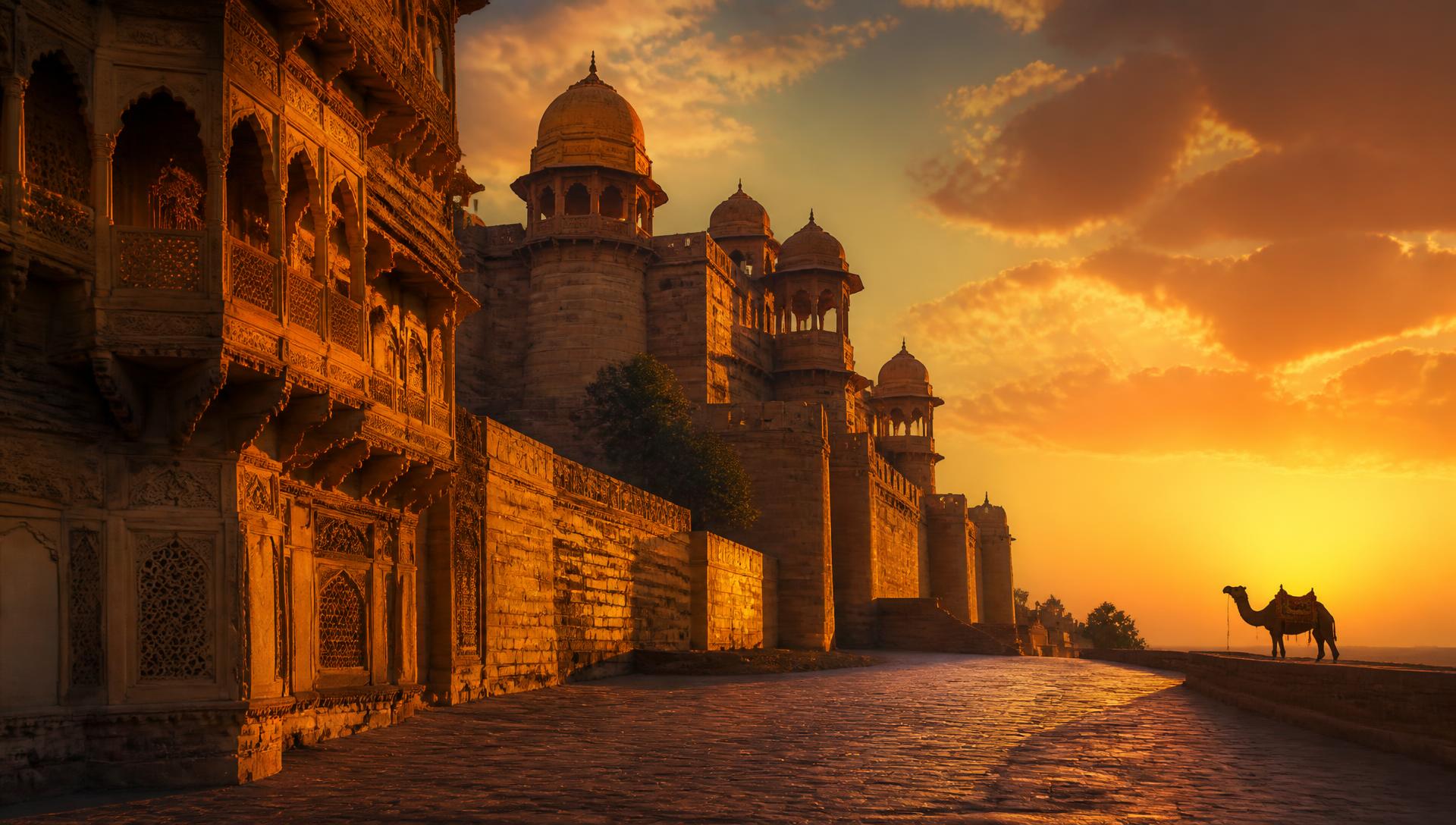 Golden hour view of a Rajasthan fort with Mahak Travels rental vehicles