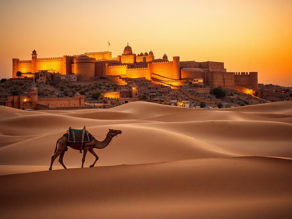 Golden fort of Jaisalmer glowing at sunset in Rajasthan